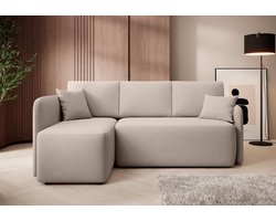 Hadson hoekbank met slaapfunctie en beddengoedcontainer, linkerkant, 206 cm x 150 cm, veloursstof, kleur beige