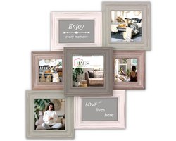 HAES DECO - Houten Galerie / Multi Fotolijst Grenoble in vintage kleuren grijs, bruin en wit voor 7 foto's (formaat 52,5 x 48,5 cm) - MP103