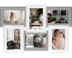 HAES DECO - Houten Galerie / multi fotolijst Valence 6Q in de kleuren grijs en wit voor 6 foto's 10x15 (formaat 49x33 cm) - HH156HS