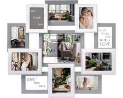 HAES DECO - Houten Galerie / multi fotolijst Valence in de kleuren grijs en wit voor foto 20x25, 4 foto's 13x18 en 6 foto's 10x15 (formaat 69x63 cm) - MP165