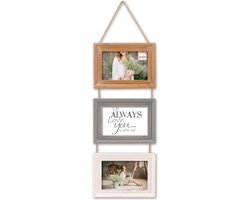 HAES DECO - Houten Multi Fotolijst Nancy in de vintage kleuren bruin, grijs en wit voor 3 foto's 10x15 (formaat 19 x 61 cm) - MP132