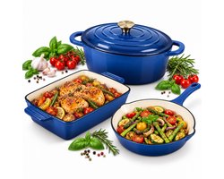 Hage - 3-Delig Keukenset - Gietijzeren Braadschaal - Geëmailleerde Ovenschaal 3,5 L - Rechthoekige Bakvorm - Braadslede voor Vlees en Ovenschotels - Ovenvorm met Handgrepen - Warmtevaste Bakvorm - Duurzaam Gietijzer - Blauw