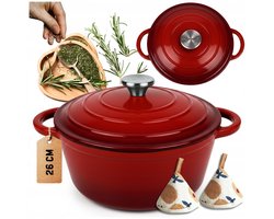 Hage - Braadpan - Kookpan - Stoofpan met Deksel - Geëmailleerde Gietijzeren Stoofpan - Geschikt voor Inductie, Gas & Dutch Oven - Inclusief Pannenonderzetter & Handgreepbeschermers - 5 Liters - Ø26 x 18 cm - Rood
