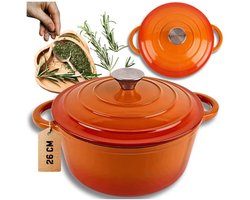 Hage - Braadpan - Kookpan - Stoofpan met Deksel - Geëmailleerde Gietijzeren Stoofpan - Geschikt voor Inductie, Gas & Dutch Oven - Inclusief Pannenonderzetter & Handgreepbeschermers - 5 Liters - Ø26 x 18 cm - Oranje