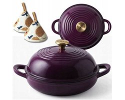 Hage - Geëmailleerde Braadpan - Gietijzeren Stoofpan met Deksel - Ovenvast & Geschikt voor Inductie, Gas en Keramische Kookplaat - Voor Brood, Gratins & Stoofgerechten - Inclusief Handbeschermers - 2Liters - Ø26 x 16.5 cm - Aubergine