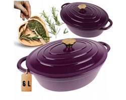 Hage - Gietijzeren Braadpan - Braadpan - Kookpan - Stoofpan - Stoofpan met Deksel - Geëmailleerd - Geschikt voor Inductie & Dutch Oven - 6 Liters - 34 x 26 x 18 cm - Paars