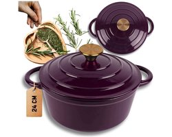 Hage - Kookpan - Stoofpan - Gietijzeren Pot met Deksel - Geëmailleerd Gietijzeren Braadpan - Inductie & Dutch Oven Geschikt - Inclusief Mini Ovenhandschoenen & Onderzetter - Voor Braden, Stoven, Soep & Brood - 4Liters - Ø24cm - Auberginepaars