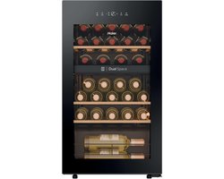 Haier HWS32GDG - Wijnkoelkast - 32 flessen - Energieklasse G - Vochtbalans technologie - Houten schappen - 1 zone - Anti-vibratie - Anti-UV glas - Glazen deur - Zwart - 10 Jaar Garantie op onderdelen