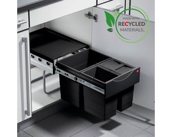 Hailo AS Tandem Inbouw Afvalscheidingssysteem – Ruimtebesparend – 3 Emmers (1x18L + 2x8,5L) – Zwart