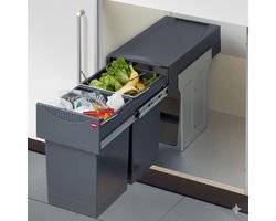 Hailo Tandem Inbouw Prullenbak 30 Liter - Afvalscheidingssysteem - 2 x 15 Liter - Uittrekbaar - Voor 40-60 cm Keukenkast - Grijs