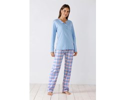 Hajo - Dames Pyjama - 100% Katoen - Flanellen broek- Blauw - Maat 48/50