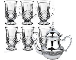 Hakal - Marokkaanse Theepot & Drinkglazen Set - 1.8L - RVS Theepot - 6 Drinkglazen met Handvat 125ml - Transparant & Zilver