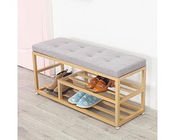 Hal Bank - Schoenenbank Schoenenrek - Schoenen Opbergen - Gestoffeerde Zitting - 100x35x45cm - Geel