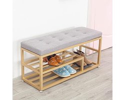 Hal Bank - Schoenenbank Schoenenrek - Schoenen Opbergen - Gestoffeerde Zitting - 100x35x45cm - Geel