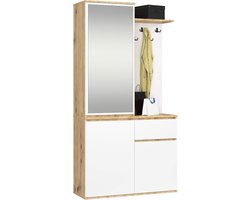 Hal set met spiegel ENTRO / Halmeubel met 3 Deuren en 1 Lade / Hal Kast / Kapstok en Schoenenkast / Artisan Eik - Wit / 95 x 183 x 35 cm