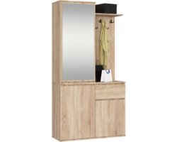 Hal set met spiegel ENTRO / Halmeubel met 3 Deuren en 1 Lade / Hal Kast / Kapstok en Schoenenkast / Sonoma Eik / 95 x 183 x 35 cm