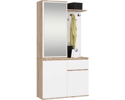 Hal set met spiegel ENTRO / Halmeubel met 3 Deuren en 1 Lade / Hal Kast / Kapstok en Schoenenkast / Sonoma Eik - Wit / 95 x 183 x 35 cm
