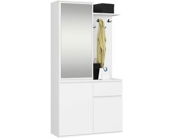 Hal set met spiegel ENTRO / Halmeubel met 3 Deuren en 1 Lade / Hal Kast / Kapstok en Schoenenkast / Wit / 95 x 183 x 35 cm