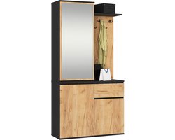 Hal set met spiegel ENTRO / Halmeubel met 3 Deuren en 1 Lade / Hal Kast / Kapstok en Schoenenkast / Zwart - Craft Eik / 95 x 183 x 35 cm