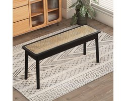 Halbank Massief Hout - Rotan Bank - Woonkamer Decoratie - Ademend Gevlochten Oppervlak - 80 cm Lengte - Zwart
