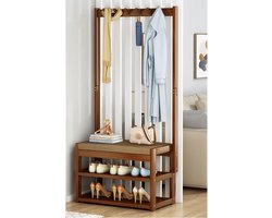 Halbank met Kapstok - Garderobemeubel - Entree organiseren - Verstevigd Bamboeframe - 70cm Breed - Bruin