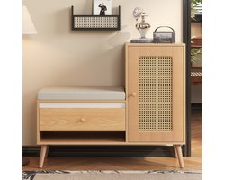 Halbank met schoenenkast - Rotan deuren en zitkussen - Opbergmeubel met natuurlijke houtafwerking - 95,5x35x80,5 cm