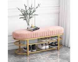 Halbank met Schoenenrek - Schoenenbank Zitbank - Entree Organiseren - Fluwelen Kussen - 80x32x43cm - Roze
