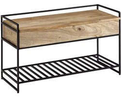 Halbankje met opbergruimte - Schoenenbank (90 cm x 52 cm x 38 cm) - Mangohout met Staal Massief - Industrieel Bankje - Halbankje - Venterbank Decoratie - Halbankje Hal - Bankje Hout - Houten Bankje Decoratie - Entree Meubilair