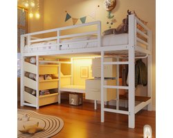 Halfhoog Bed 90 x 200 cm - met zitkussen en stoffen lades - met LED-verlichting en kledinghangoog - zonder matras - wit