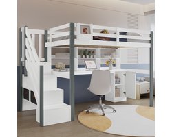 Halfhoog bed met stoffen box - veel opbergruimte - met zijladders - open planken - met bureau en kasten - witgrijs - 90x200 cm