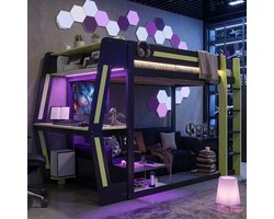 Halfhoogslaper 120 x 200 cm - Bed Met Bureau En Ledverlichting - Met Opbergruimte - Zonder Matras - Voor Spelkamer - Hout En MDF - Zwart Groen