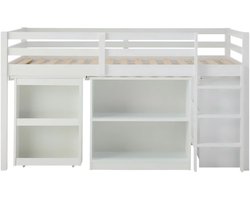 Halfhoogslaper 90x190 cm voor kinderen | Hoogslaper bed van wit grenenhout met bureau en opbergruimte (zonder matras)