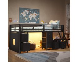 Halfhoogslaper 90x200 cm - Bed Met 7 Laden en LED Verlichting - Met Opbergruimte - Met Speelruimte Onder Het Bed - Metaal MDF - Zwart Zonder Matras
