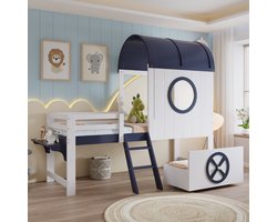 Halfhoogslaper - 90x200 Cm - Bed - Met Opbergruimte - Met Laden - Wit/Zwartblauw - Zonder Matras