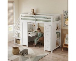 Halfhoogslaper 90x200 cm - kinderbed met opbergruimte - stapelbed - ingebouwd bureau - laden - zijboekenplank - wit - zonder matras