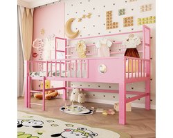 Halfhoogslaper - 90x200 cm - met Opbergvakken - voor Kinderen en Tieners - Metaal - Roze