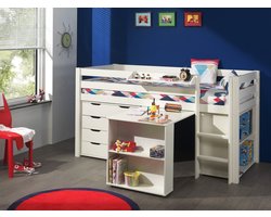 Halfhoogslaper Charlotte wit met bureau, boekenkast en ladekast