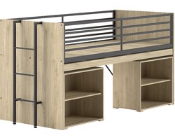 Halfhoogslaper Sammie 90x200cm - met bureau en boekenrekjes - eikdecor - Vipack - Halfhoogslaper - Bruin - Metaal; Spaanplaat Eenpersoons Halfhoogslaper
