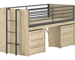Halfhoogslaper Sammie 90x200cm - met bureau en ladekasten - eikdecor - Vipack - Halfhoogslaper - Bruin - Metaal; Spaanplaat Eenpersoons Halfhoogslaper