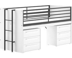 Halfhoogslaper Sammie 90x200cm - met bureau en ladekasten - wit - Vipack - Kinderbedden met uitvalbeveiliging - Wit - Metaal; Spaanplaat - Kinderbedden met uitvalbeveiliging - Eenpersoons - Halfhoogslaper