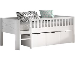 Halfhoogslaper Scottie 90x200cm - met opberglades - wit dennenhout - Vipack - Halfhoogslaper - Wit - Hout; MDF Eenpersoons Halfhoogslaper