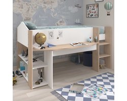 Halfhoogslaper Shelby - 90x200 - met bureau en opbergruimte - wit/eikdecor