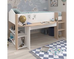 Halfhoogslaper Shelby - 90x200 - met bureau en opbergruimte - wit/eikdecor - Parisot - Halfhoogslaper - Wit; Bruin - Melamine; Spaanplaat Eenpersoons Halfhoogslaper