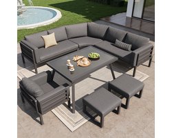 Halfronde tuinbankset voor 8 personen / Stevig ijzeren frame met grijze kussens / Compleet met glazen tafel, 1 fauteuil en 2 krukjes / Weerbestendig tuinmeubilair voor balkon