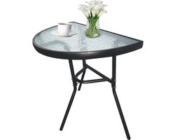 Halfronde Tuintafel ISLAND 70 cm – Stijlvol Design – Gehard Glazen Tafelblad met Decoratief Patroon – Sterk Zwart Metalen Frame – Weerbestendig & Onderhoudsvriendelijk – Compact – Ideaal voor Balkon, Tuin, Terras, Patio of Serre