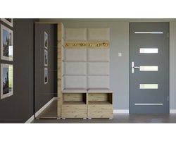 Halkast met spiegel - Schoenenkast - Hanger - Planken - 3 in 1 - Kleur Artisan Oak + gestoffeerde panelen - Materiaal fluweel