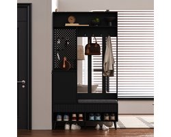 Halkasten - 100x35x180 cm - Wandgarderobe Met Schuhbank, 4 Haken, 2 Laden, 1 Deur - Hout - Zwart