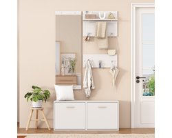 Halkasten - 90x30x41,5 cm - Garderobenset 4-Delig Met Spiegel, 2 Hoedenplanken, Schuhschrank, 6 Haken - Hout - Wit