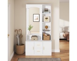 Halkasten - 90x40x180 cm - Multifunctionele Diele Flurgarderobe Met Spiegel, Schuhschrank, 2 Laden, 2 Kasten, Regal - Hout - Wit