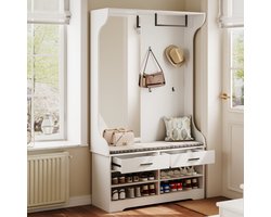 Halkasten - Opbergkast - Garderobe - Gevoerde schoenenbank - 4 open schoenenrekken - 4 kapstokhaken - 2 lades - geïntegreerde spiegel - kapstok - 104x35x180 cm - moderne stijl - wit
